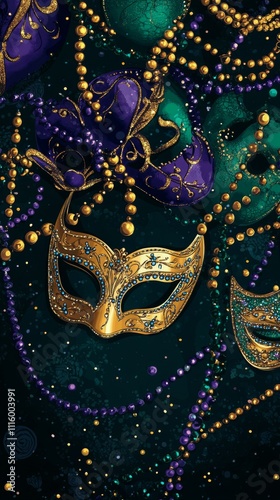Vibrant golden mask surrounded by colorful beads and decorations in festive c...