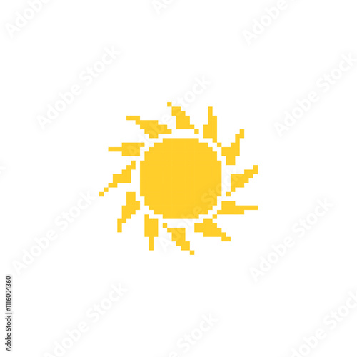Pixelated sun illustration. Simple pixel art of a yellow sun with rays extending outward