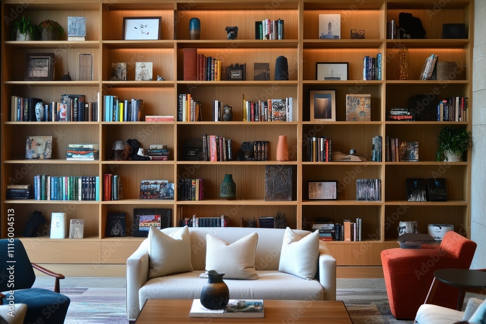 Modern living room with built-in bookcase, sofa, and armchairs. Modern living room with built-in bookcase, sofa, and armchairs.