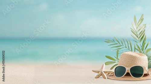 Decorative glass jar with tropical flowers and green leaves on a light blue b...