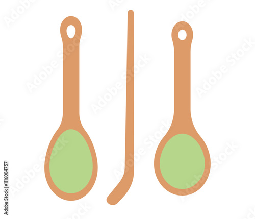 Matcha green tea powder in spoons. Japanese green tea ceremony. Cooking accessories. Flat Vector illustration isolated on white background