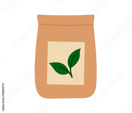 Paper bag of tea. Pack of matcha powder. Japanese green tea ceremony. Flat Vector illustration isolated on white background