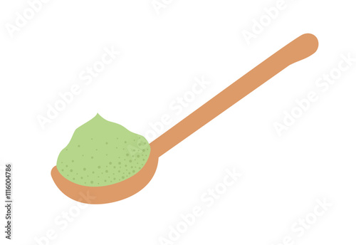 Matcha green tea powder in spoon. Japanese green tea ceremony. Cooking accessories. Flat Vector illustration isolated on white background