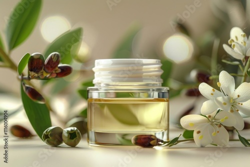 High-definition image of jojoba oil and a jar of cream for cosmetic advertising, perfect for promoting natural beauty products. Generative AI