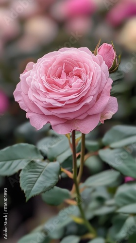 Pink rose blossom surrounded by green leaves in a vibrant garden setting