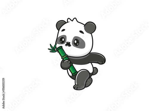 panda with a flower, Panda, bear, black and white color panda, animal, bamboo, green bamboo, green leaves.