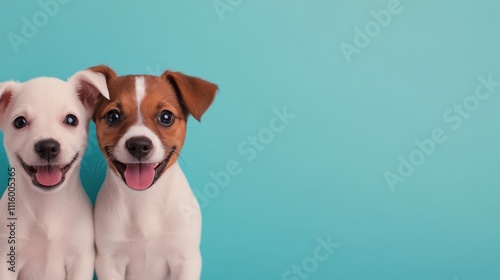 Cute puppies posing together in a bright room with a turquoise background