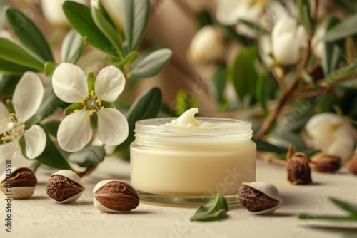 Jojoba oil and hand cream jar captured in a luxurious skincare advertisement, promoting high-quality natural beauty products. Generative AI photo