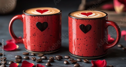 Romantic coffee moment with heart shaped latte art and red rose petals on a w...