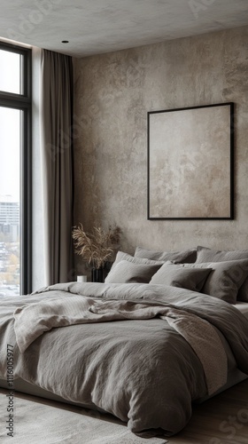 Modern bedroom design with gray bedding and large windows overlooking the city