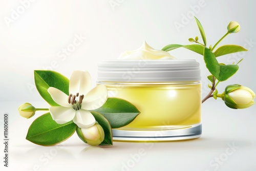 Hand cream and jojoba oil beautifully arranged for a luxurious skincare advertisement, showcasing natural beauty products. Generative AI