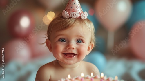 Baby celebrates first birthday with cake and festive decorations at home