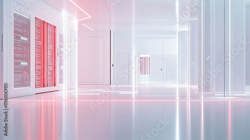 3D render of a white, modern data center with red and blue lights. The white room is filled with server cabinets in the background. 