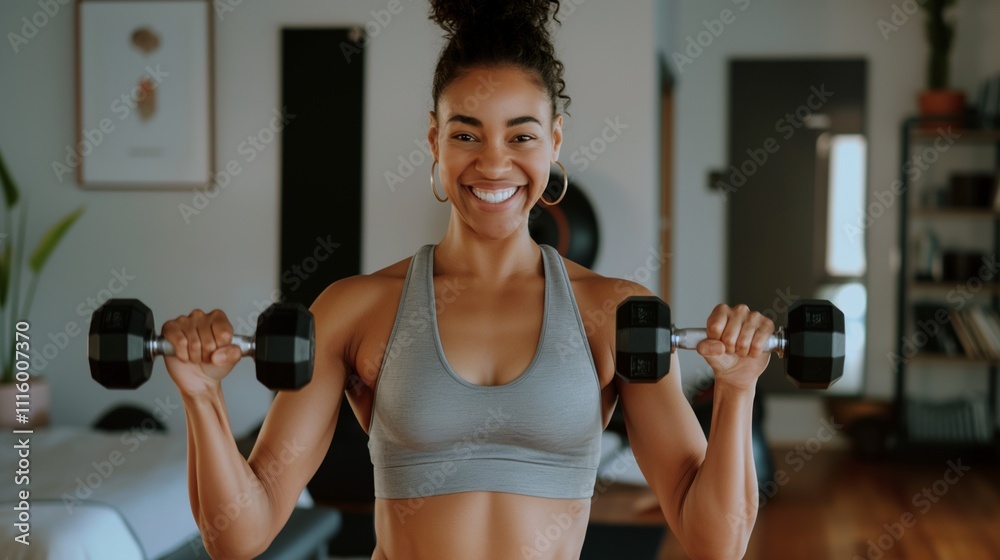 Fototapeta premium Cheerful black woman with dumbbells at home gym portrait image. Happy female athlete training picture photorealistic photography. Regular physical activity concept photo realistic