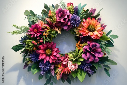 Vibrant floral wreath adorned with colorful blooms and greenery displayed ind...