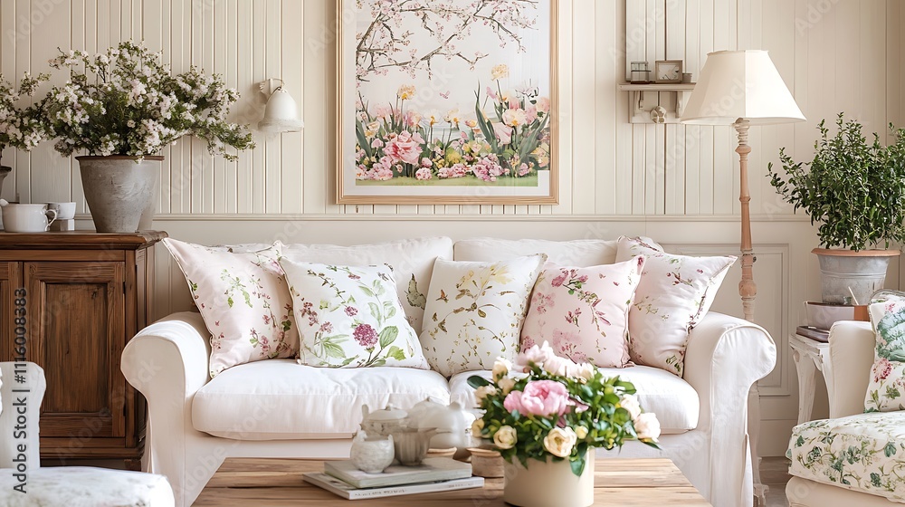 Naklejka premium A bright spring-themed living room with pastel decor, a wooden sideboard, potted plants, and a cozy white sofa adorned with floral cushions