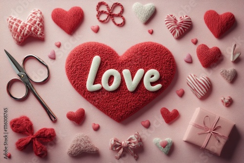 Beautiful romantic gift arrangement with love theme and decorations on pink b...