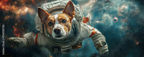Dog wearing an astronaut suit, floating in space