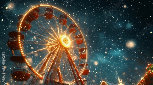 Snowy winter night with a brightly lit ferris wheel and carousel in a festive...