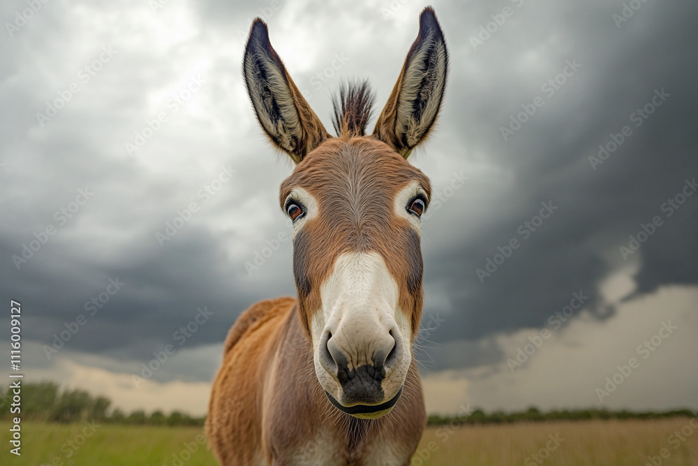 Donkey gazing calmly at camera, dramatic cloudy sky backdrop Donkey gazing calmly at camera, dramatic cloudy sky backdrop