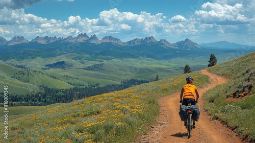 Mountain biker exploring rocky trails with stunning peaks in the background d...