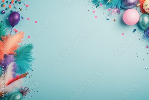 Colorful decoration elements on blue backdrop for festive celebration or part...