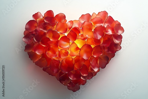 Heart made of red rose petals glowing softly in warm light during romantic se...