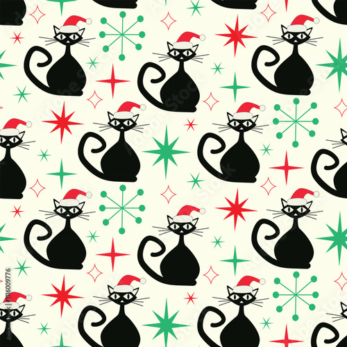 Mid Century Christmas Black Atomic Cats seamless pattern wearing Santa Hats with red and green atomic starbursts.