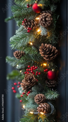 Festive garland decorated with pinecones and red berries illuminated by warm ...