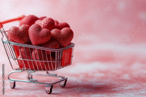 Glittering red hearts fill a shopping cart against a soft pink background dur...