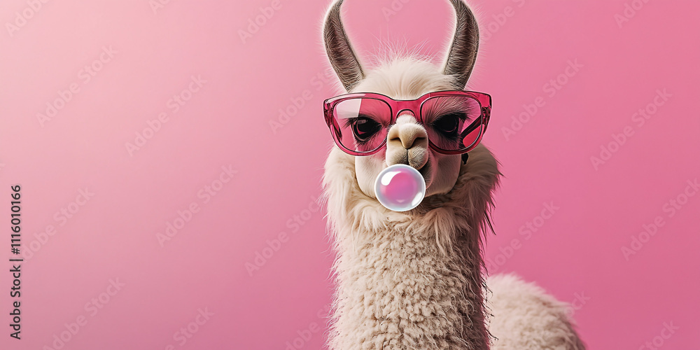 Funky llama in sunglasses with a bubble gum bubble, against a pink background, playful and eye-catching banner design Funky llama in sunglasses with a bubble gum bubble, against a pink background, playful and eye-catching banner design