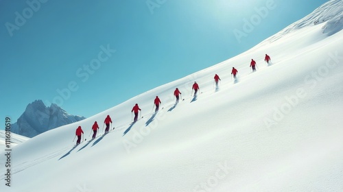 Group of skiers enjoying a sunny day on fresh powder snow in the mountains