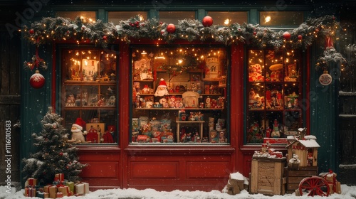 Christmas toy store window display with wooden toys and snowy decor