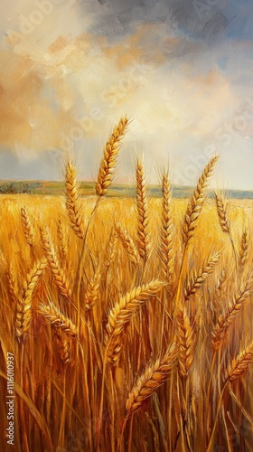 Golden wheat field under a cloudy sky at dusk with gentle breeze swaying the ...
