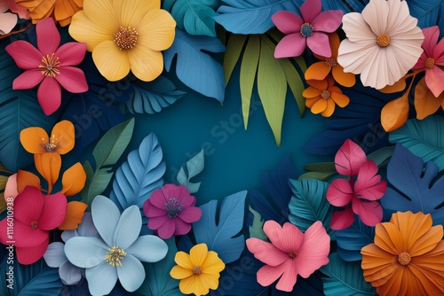 Vibrant paper flowers and leaves arranged on a blue background for decorative...
