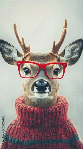 Reindeer wearing red glasses and a cozy sweater in a snowy setting during winter