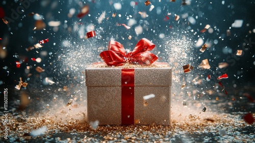 Celebration with a sparkling gift box surrounded by colorful confetti and shi...