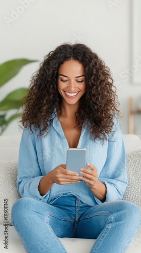 Young woman with curly hair smiles while using smartphone in cozy living room
