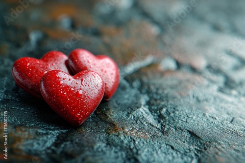 Red heart shaped decorations arranged on a textured grey background for speci...