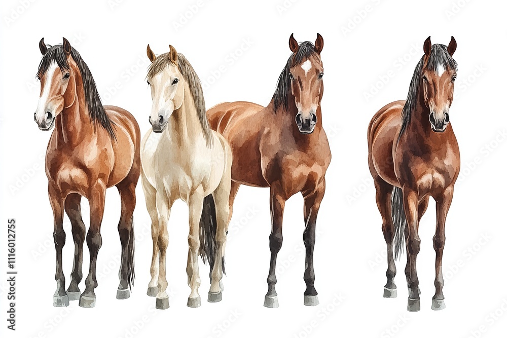 Obraz premium Portrait of a brown horse standing in a bundle isolated on white background. Generative Ai