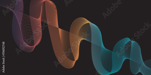 Modern multicolor wave of light is displayed on black background, Abstract wavy lines and neon glow on a black background, soundwave on a dark reflective surface.