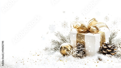 Elegant New Year scene featuring a white gift box with a gold ribbon, surrounded by snowflakes and ample copy space on a pristine white background.