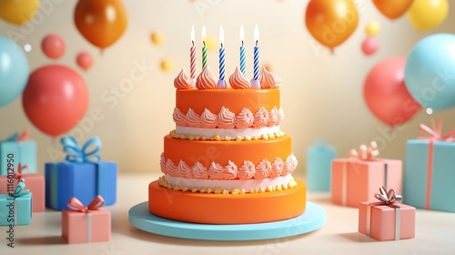 Delicious Orange Birthday Cake with Five Candles and Gifts photo