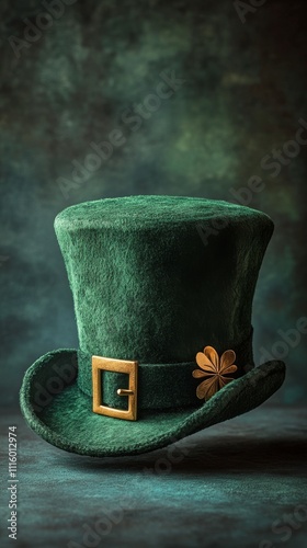 Bright green shamrock hat with gold buckle and black feather for festive cele...