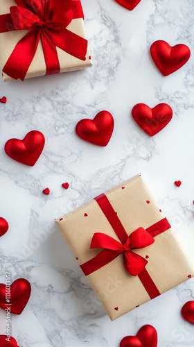 Gift box wrapped in brown paper with red ribbon and surrounded by red hearts ...