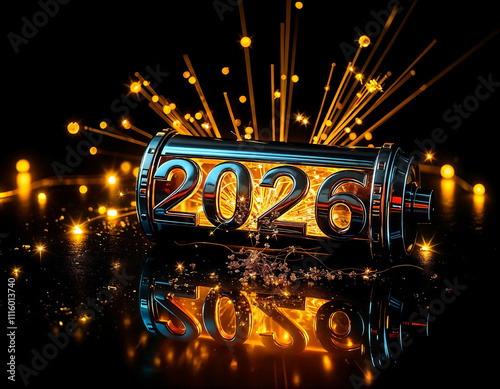 metallic time capsule marked '2026' surrounded by sparkling lights, happy new year