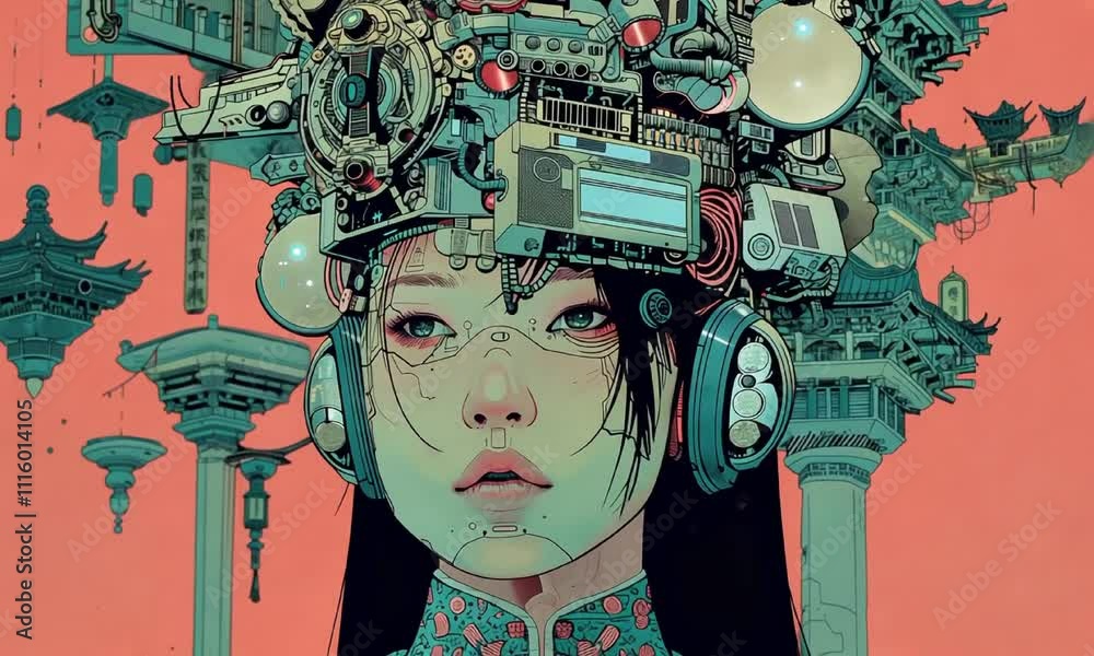 Chinese futuristic city on cybernetic girl head video animation, ai generated. Asian humanoid technological cityscape animated footage HD clip seamless motion graphics. Science fiction concept