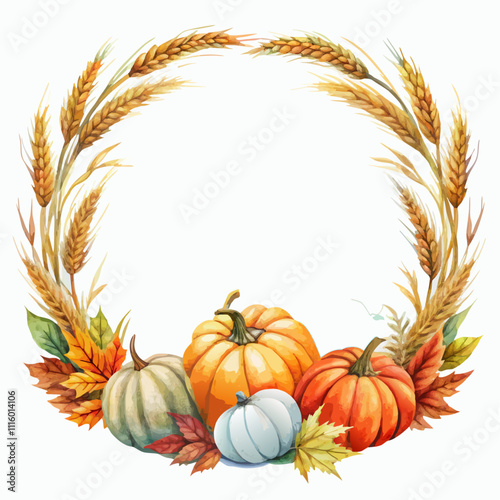 Watercolor fall wreath with ears of wheat, pumpkins and autumn leaves vector illustration (2)