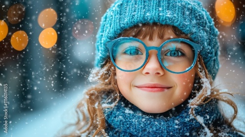 Young girl smiles joyfully in snowy winter wonderland wearing a blue hat and ...
