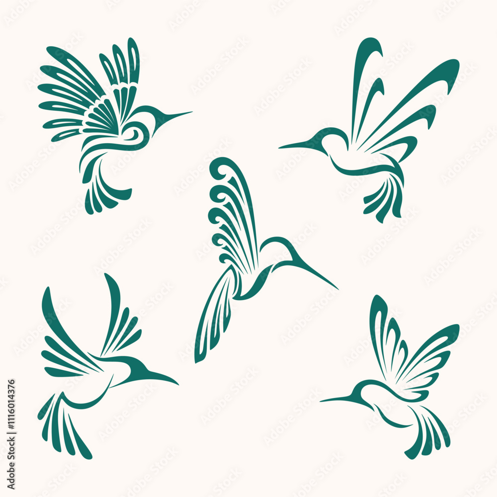 Fototapeta premium Hummingbird icon set. The lines are carved into a beautiful bird and use various colors.